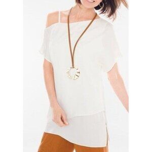 Chico Black Label Asymmetrical Off-Shoulder White Chiffon Blouse, SZ 0